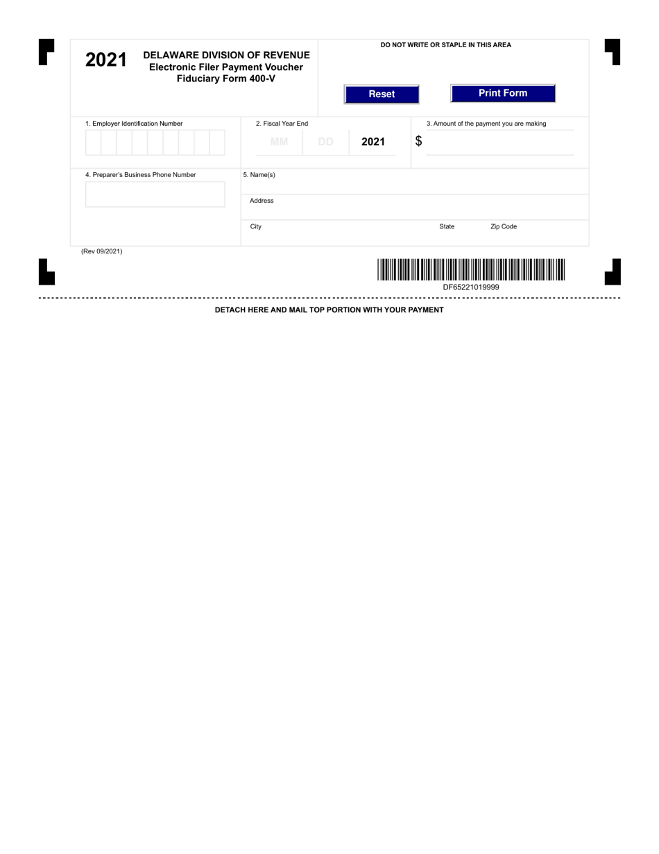 Form 400-V Electronic Filer Payment Voucher - Delaware, Page 1