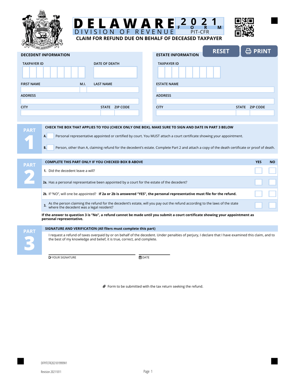 Form PIT-CFR Claim for Refund Due on Behalf of Deceased Taxpayer - Delaware, Page 1