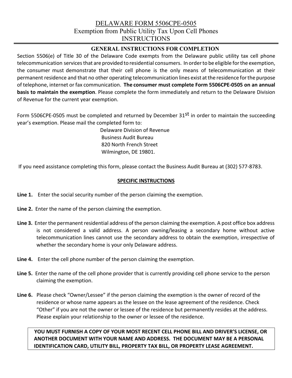 Instructions for Form 5506CPE-0505 Application for Exemption From Public Utility Tax Upon Cell Phones - Delaware, Page 1