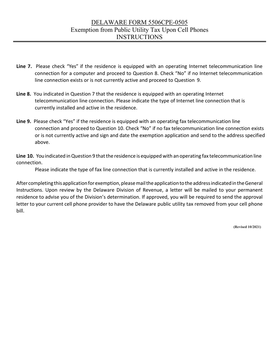 Instructions for Form 5506CPE-0505 Application for Exemption From Public Utility Tax Upon Cell Phones - Delaware, Page 2