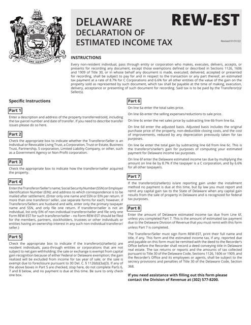 Instructions for Form REW-EST Real Estate Tax Return - Declaration of Estimated Income Tax - Delaware