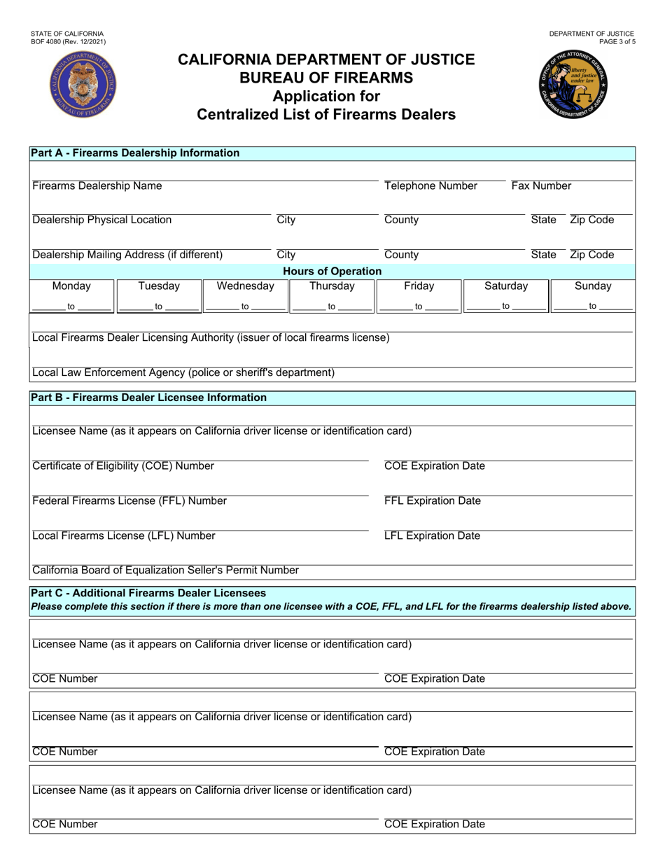 Form BOF4080 Application for Centralized List of Firearms Dealers - California, Page 3