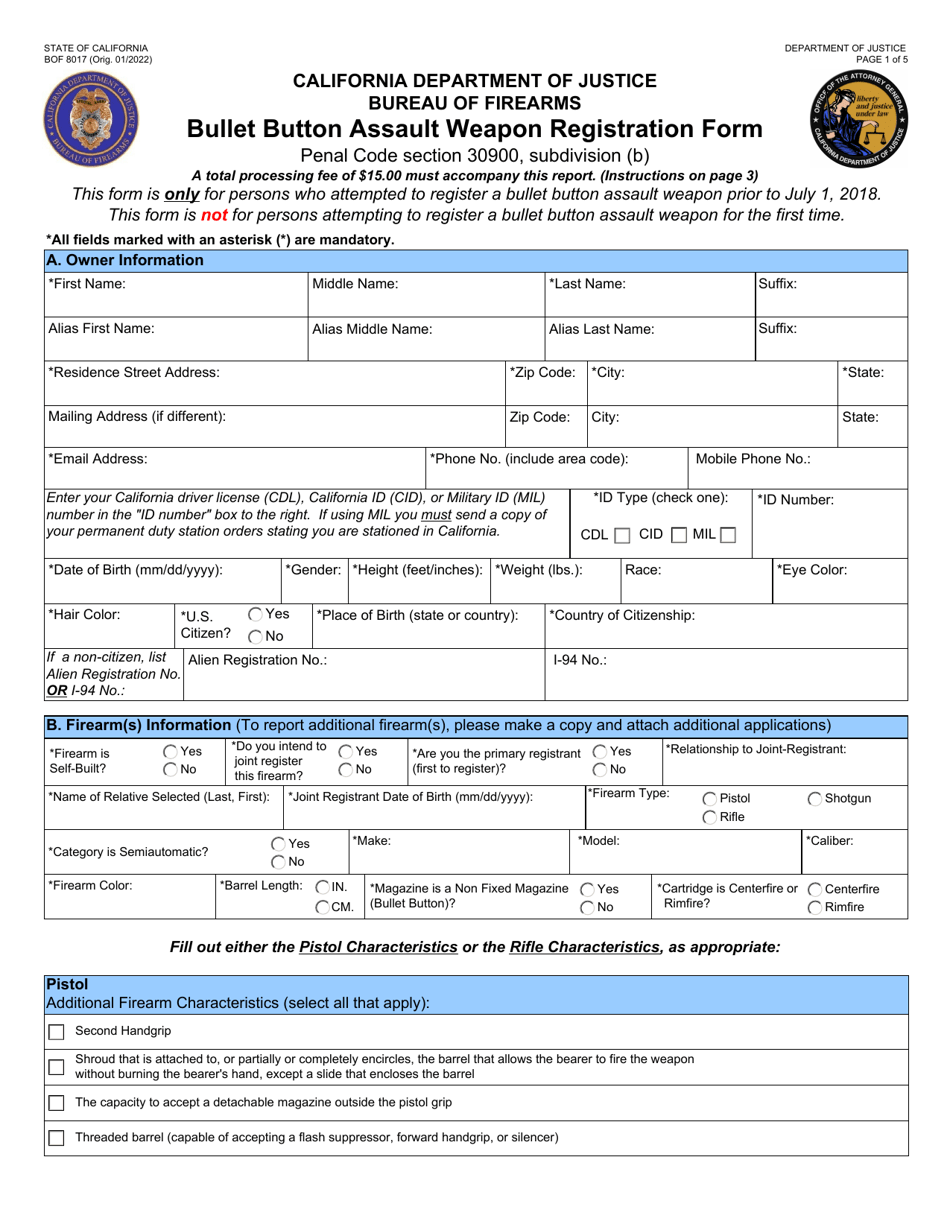 Form BOF8017 Bullet Button Assault Weapon Registration Form - California, Page 1