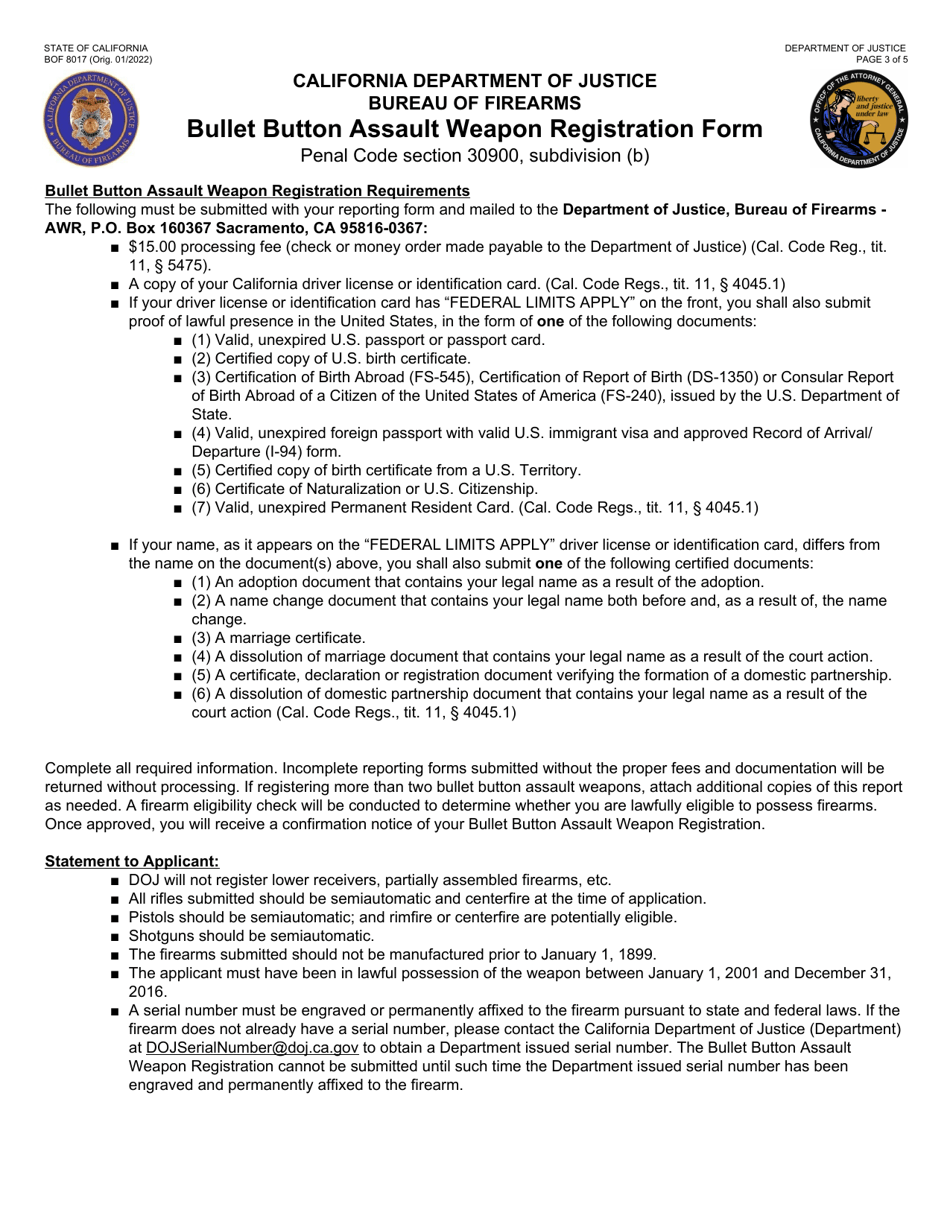 Form BOF8017 Bullet Button Assault Weapon Registration Form - California, Page 3
