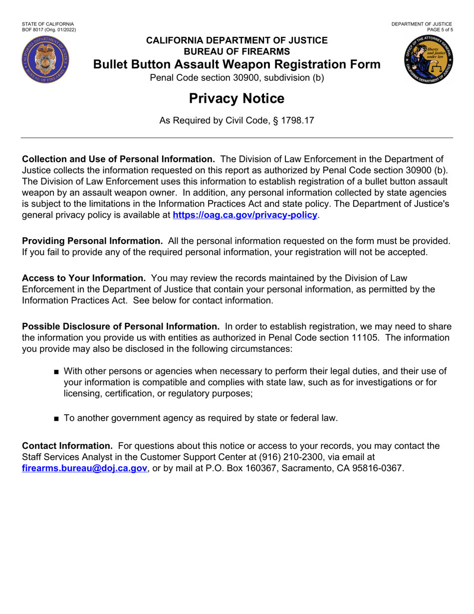 Form BOF8017 Bullet Button Assault Weapon Registration Form - California, Page 5