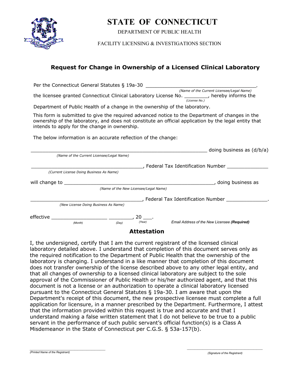 Request for Change in Ownership of a Licensed Clinical Laboratory - Connecticut, Page 1