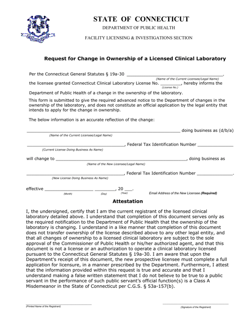 Request for Change in Ownership of a Licensed Clinical Laboratory - Connecticut Download Pdf