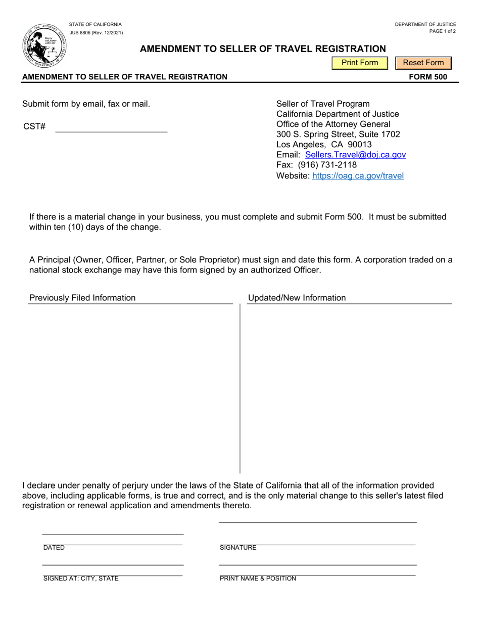 Form JUS8806 (500) Amendment to Seller of Travel Registration - California, Page 1