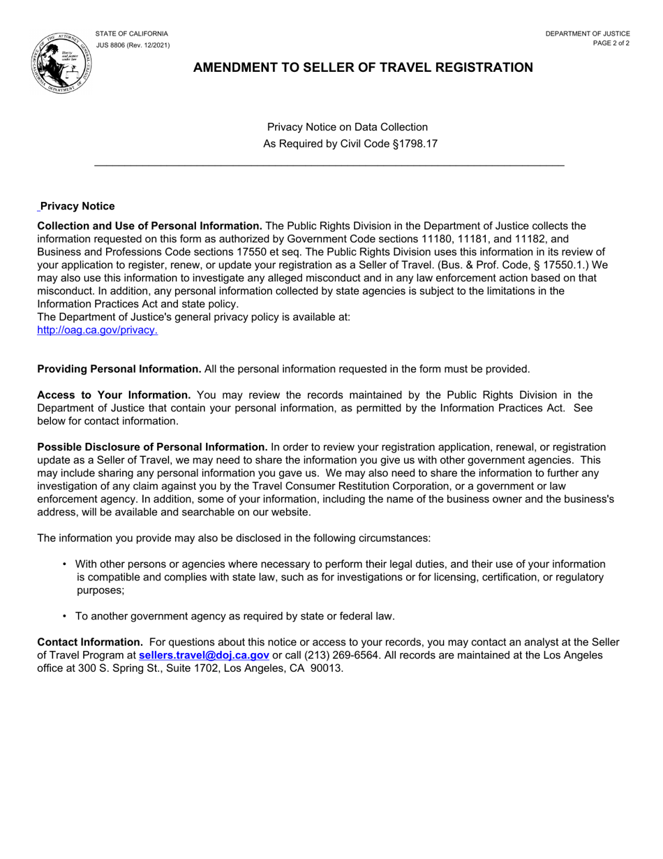 Form JUS8806 (500) Amendment to Seller of Travel Registration - California, Page 2