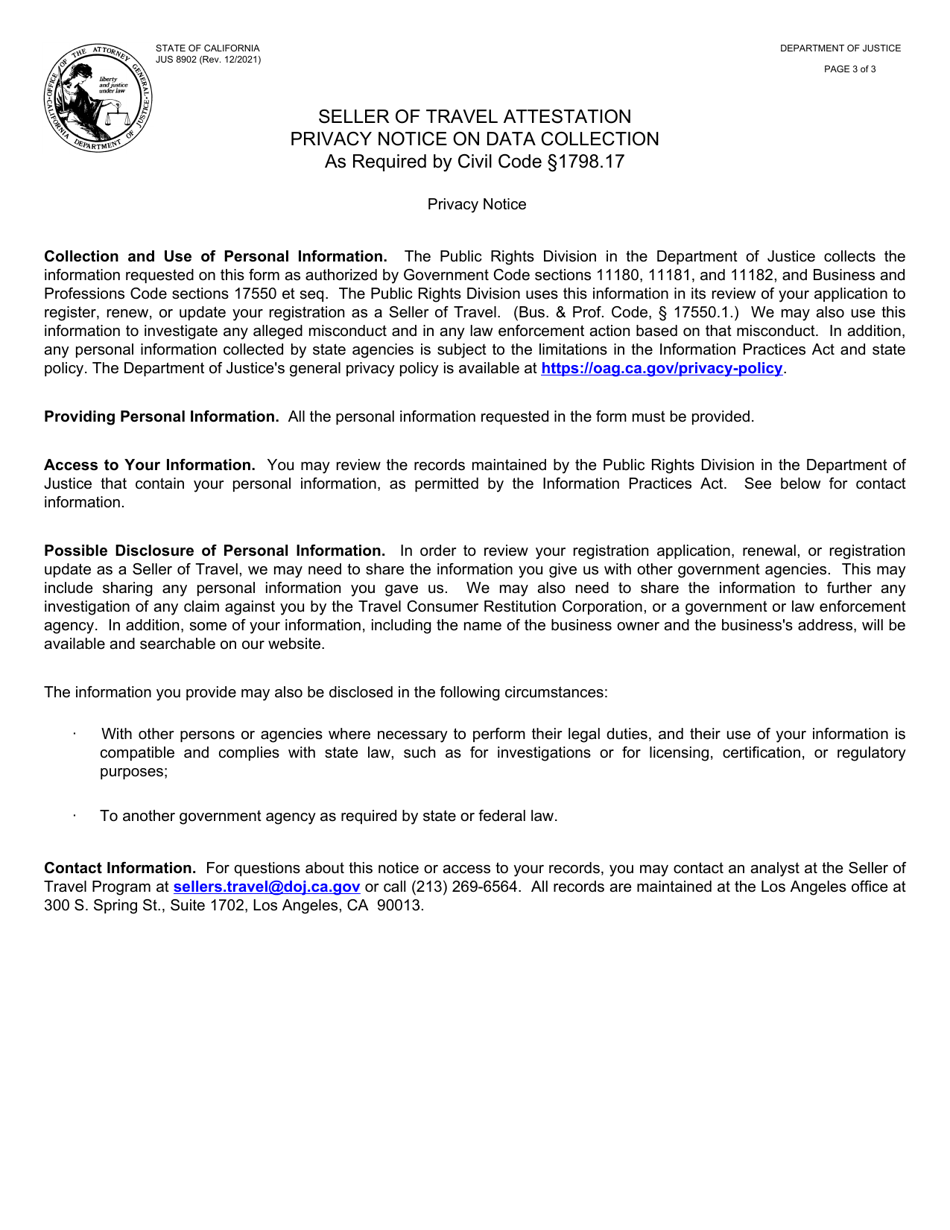 Form JUS8902 Seller of Travel Attestation - California, Page 3