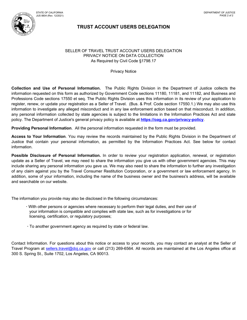Form 300 (JUS8804) Trust Account Users Delegation - California, Page 2