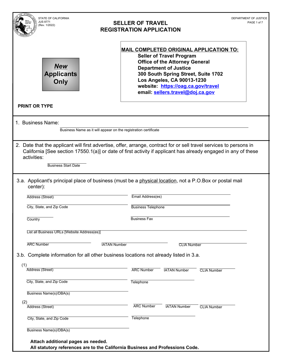 Form JUS8871 Seller of Travel Registration Application - California, Page 1