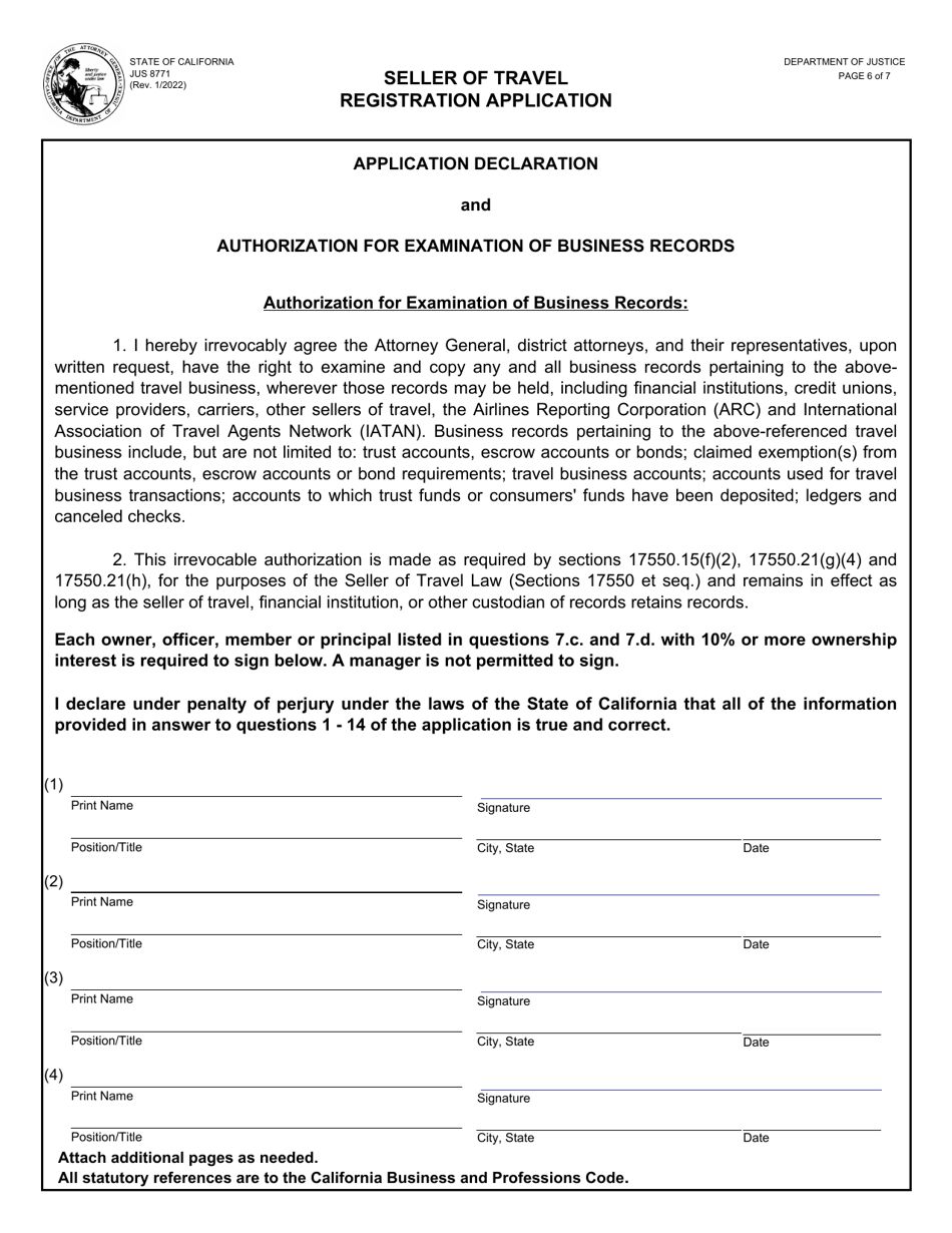 Form JUS8871 Seller of Travel Registration Application - California, Page 6