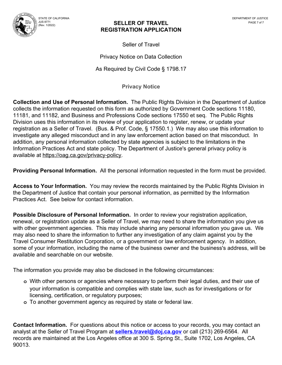 Form JUS8871 Seller of Travel Registration Application - California, Page 7