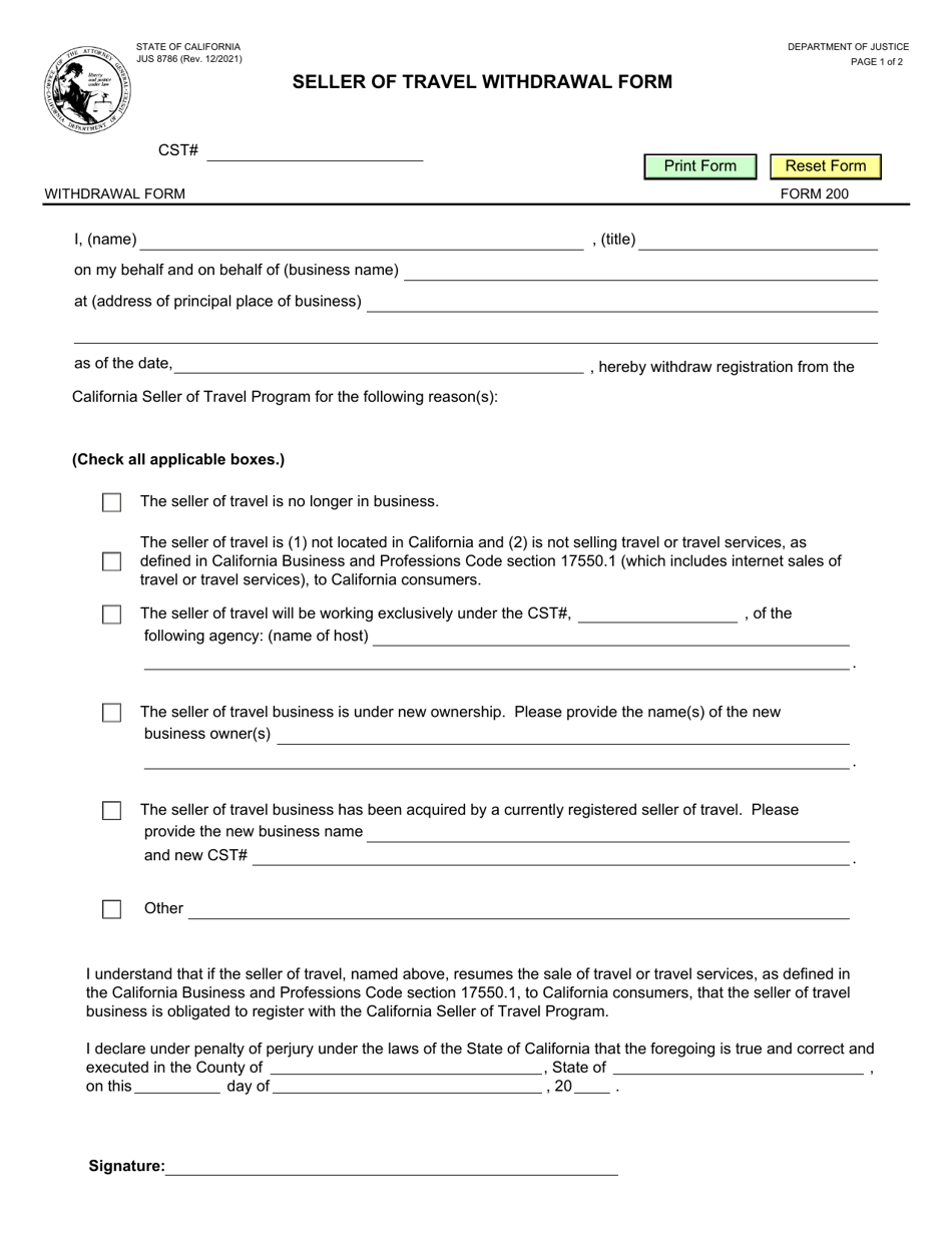 Form 200 (JUS8786) Seller of Travel Withdrawal Form - California, Page 1