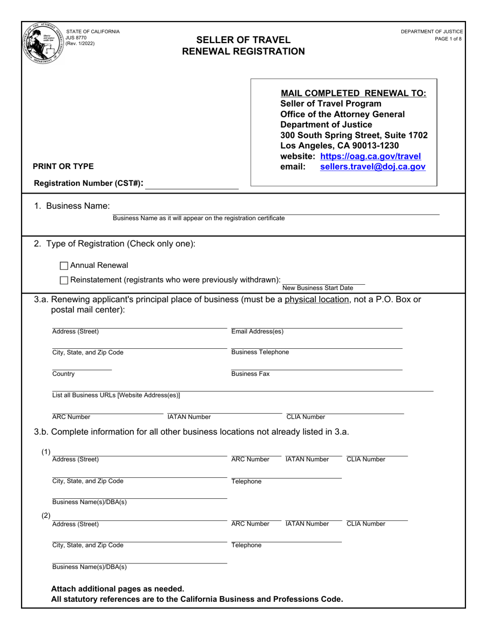 Form JUS8770 Download Fillable PDF or Fill Online Seller of Travel