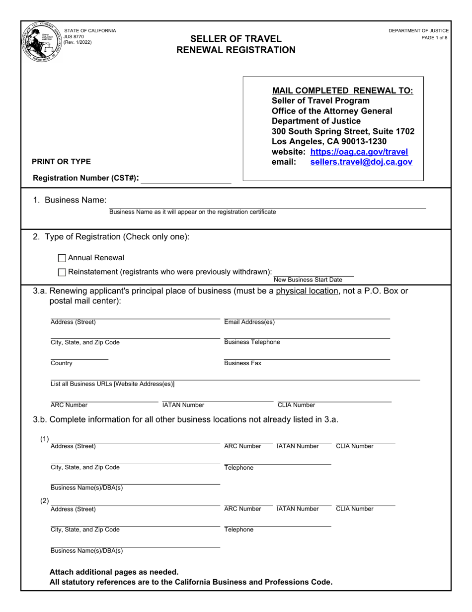 Form JUS8770 Seller of Travel Renewal Registration - California, Page 1