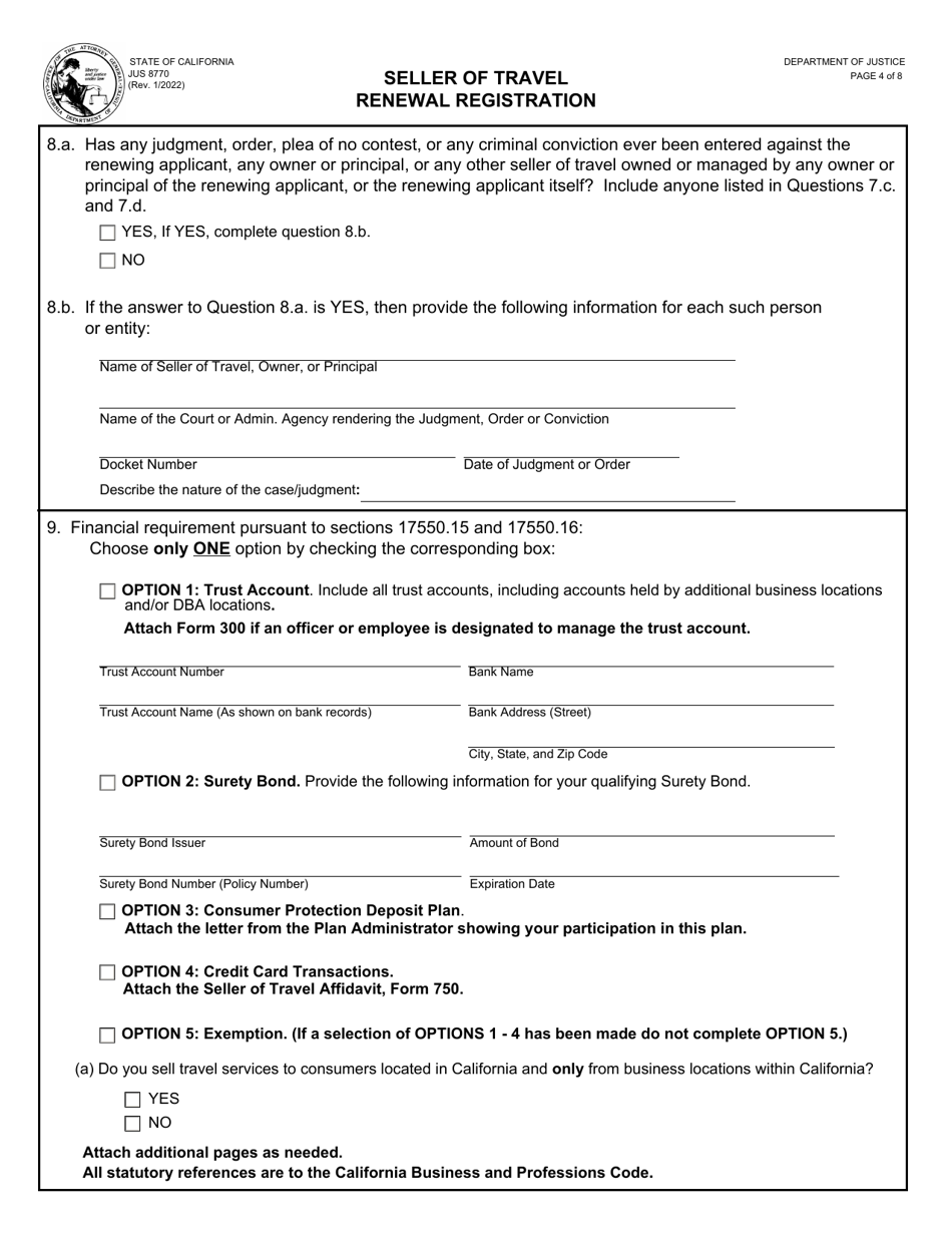Form JUS8770 Seller of Travel Renewal Registration - California, Page 4