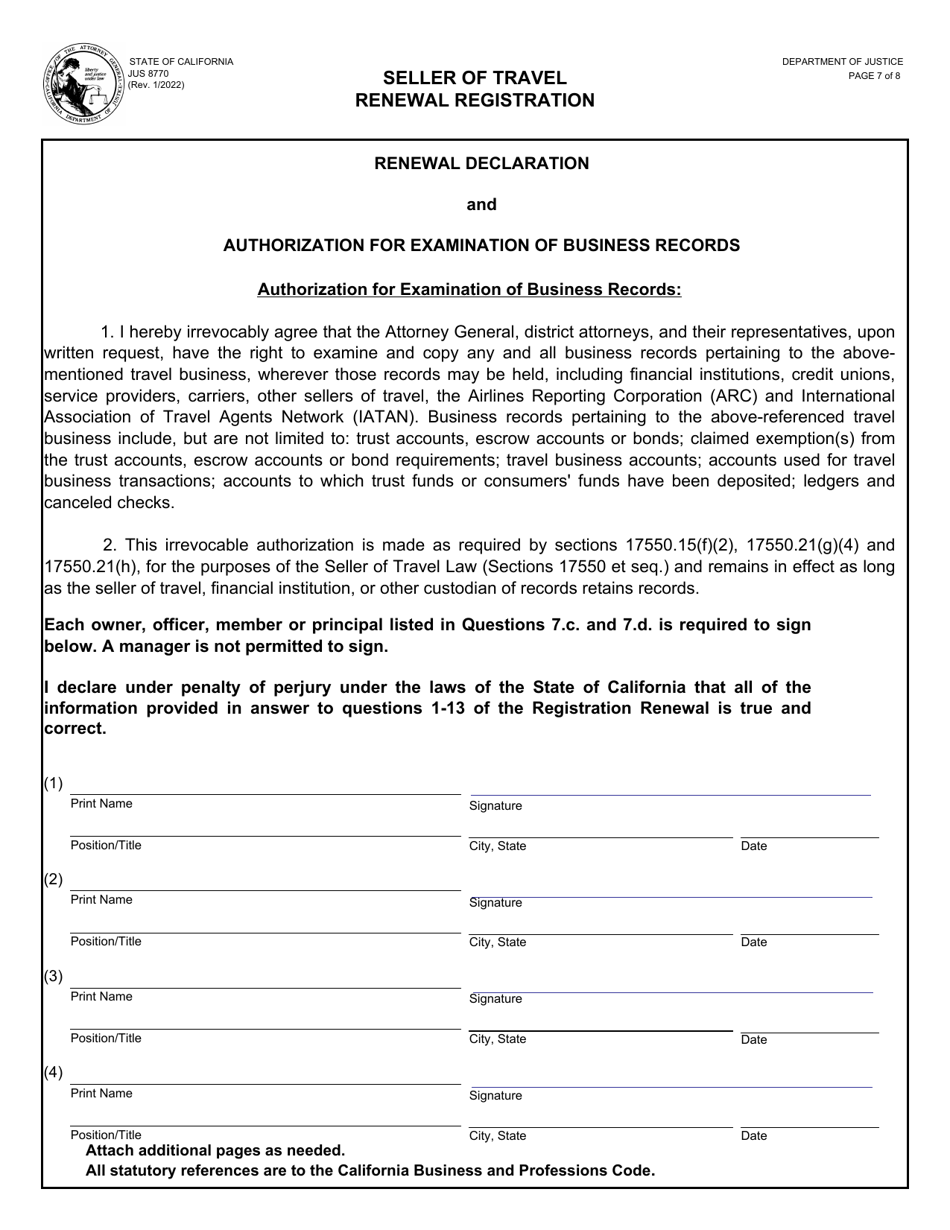 Form JUS8770 Seller of Travel Renewal Registration - California, Page 7