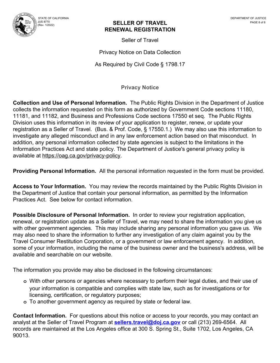 Form JUS8770 Seller of Travel Renewal Registration - California, Page 8