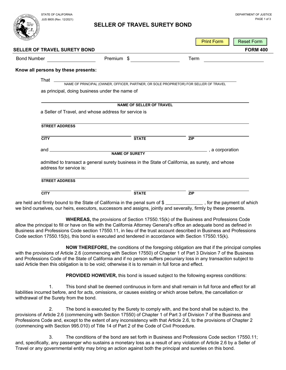 Form 400 (JUS8805) Seller of Travel Surety Bond - California, Page 1