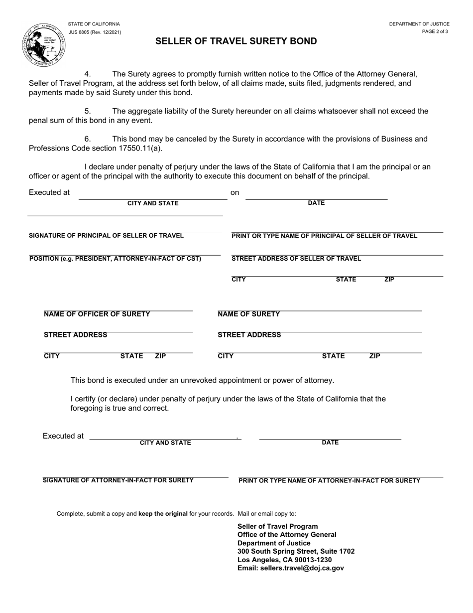 Form 400 (JUS8805) Seller of Travel Surety Bond - California, Page 2
