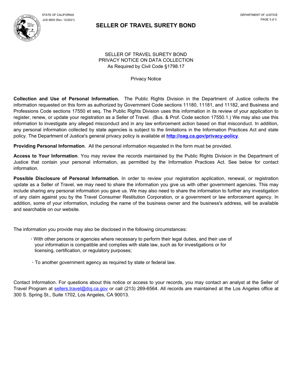 Form 400 (JUS8805) Seller of Travel Surety Bond - California, Page 3