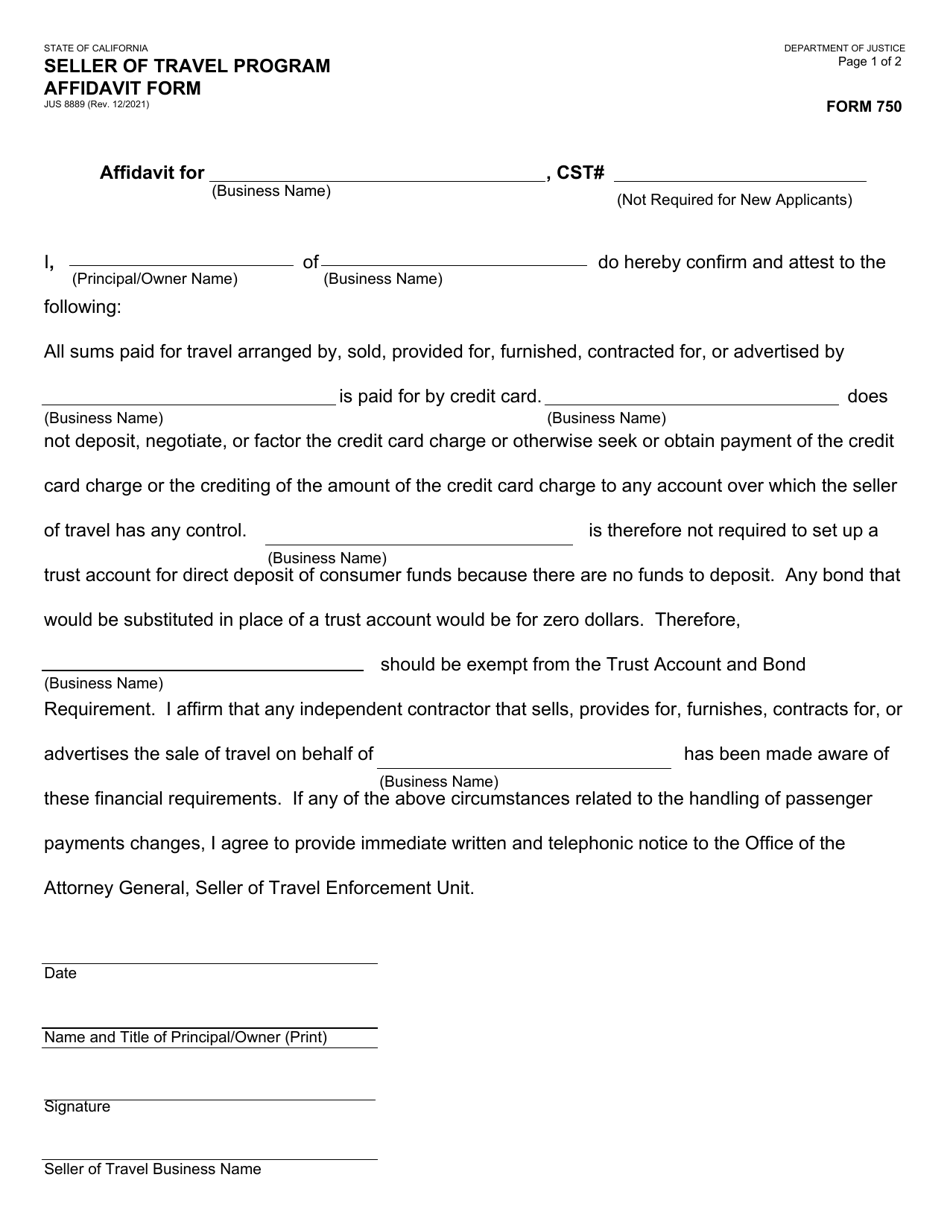 Form 750 (JUS8889) Seller of Travel Program Affidavit Form - California, Page 1