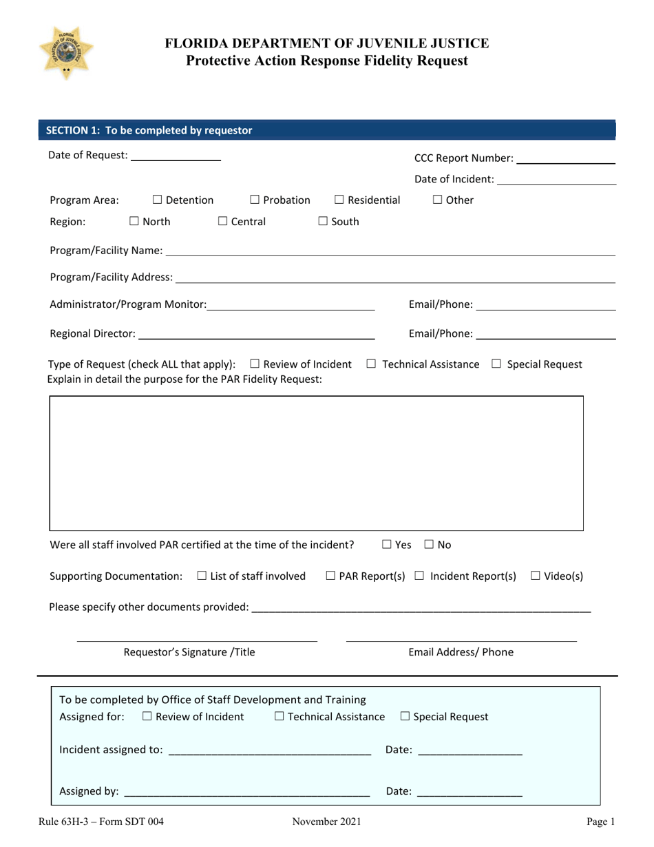 Form STD004 Protective Action Response Fidelity Request - Florida, Page 1