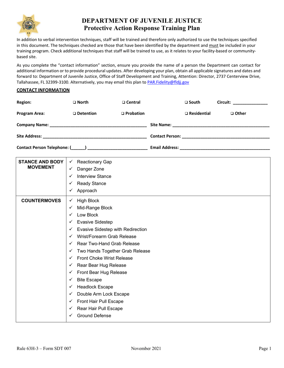Form SDT007 Protective Action Response Training Plan - Florida, Page 1