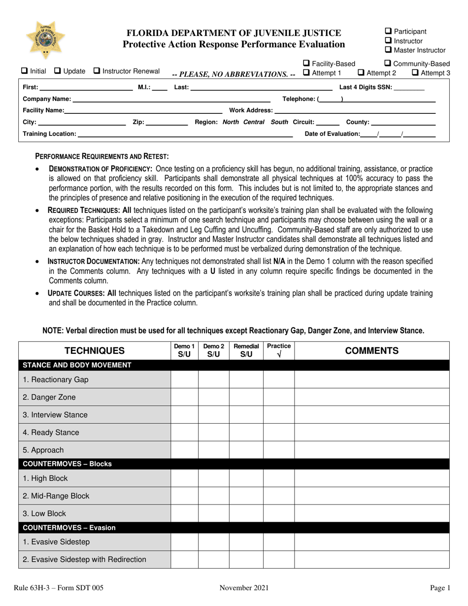 Form SDT005 Protective Action Response Performance Evaluation - Florida, Page 1