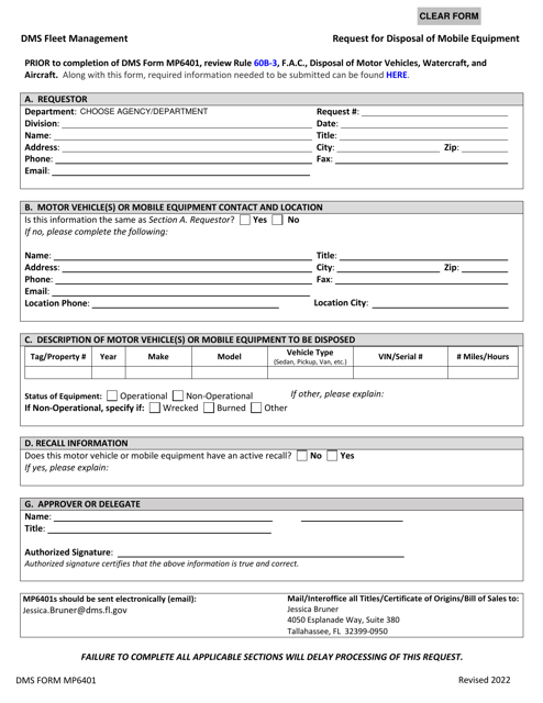 DMS Form MP6401 Request for Disposal of Mobile Equipment - Florida