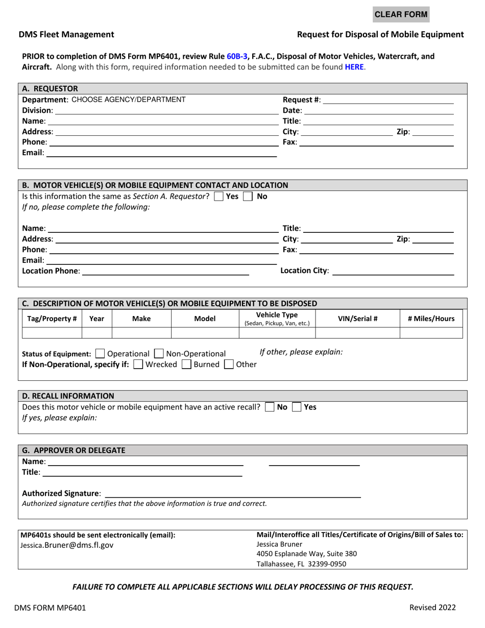 DMS Form MP6401 Request for Disposal of Mobile Equipment - Florida, Page 1