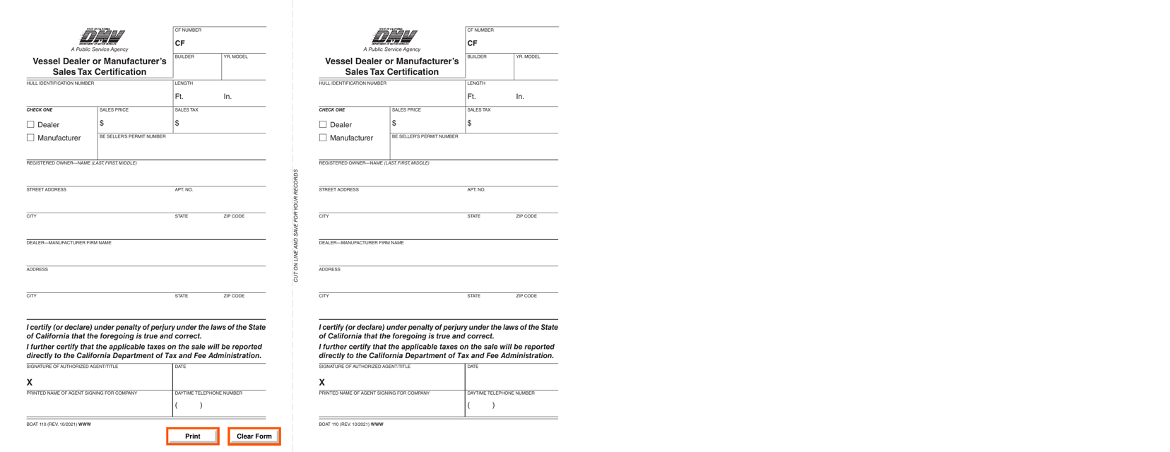 Form BOAT110 Vessel Dealer or Manufacturer's Sales Tax Certification - California