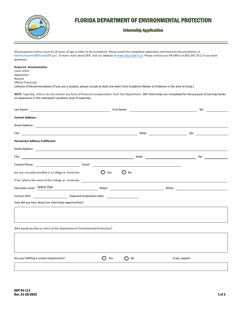 Form DEP54-111 Internship Application - Florida, Page 1