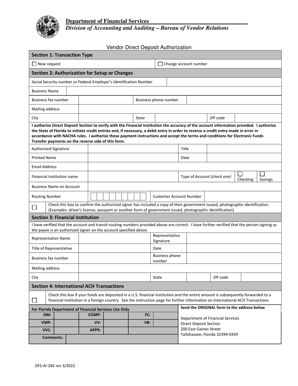 Form DFS-AI-26E Vendor Direct Deposit Authorization - Florida, Page 1