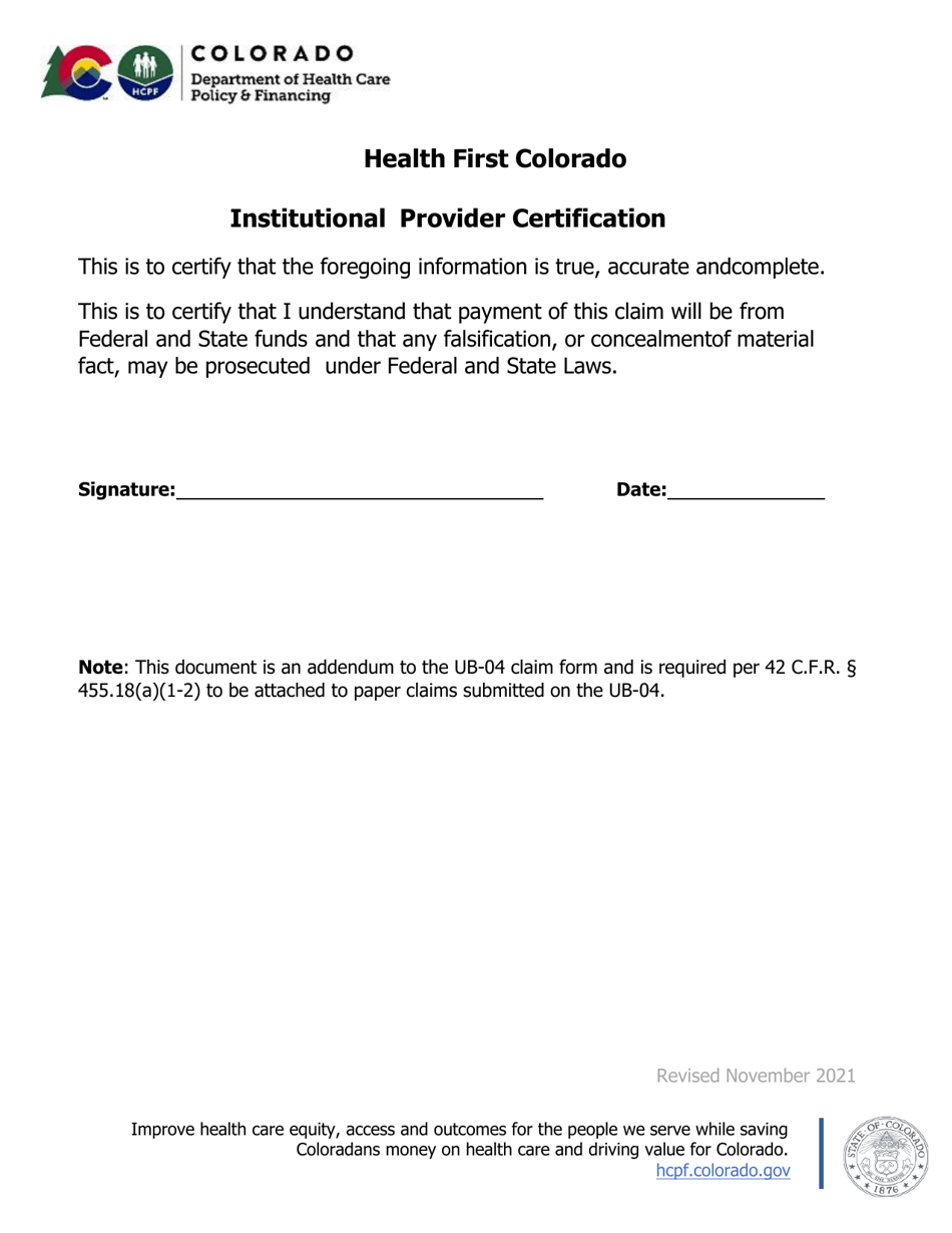 Colorado Institutional Provider Certification Download Printable PDF