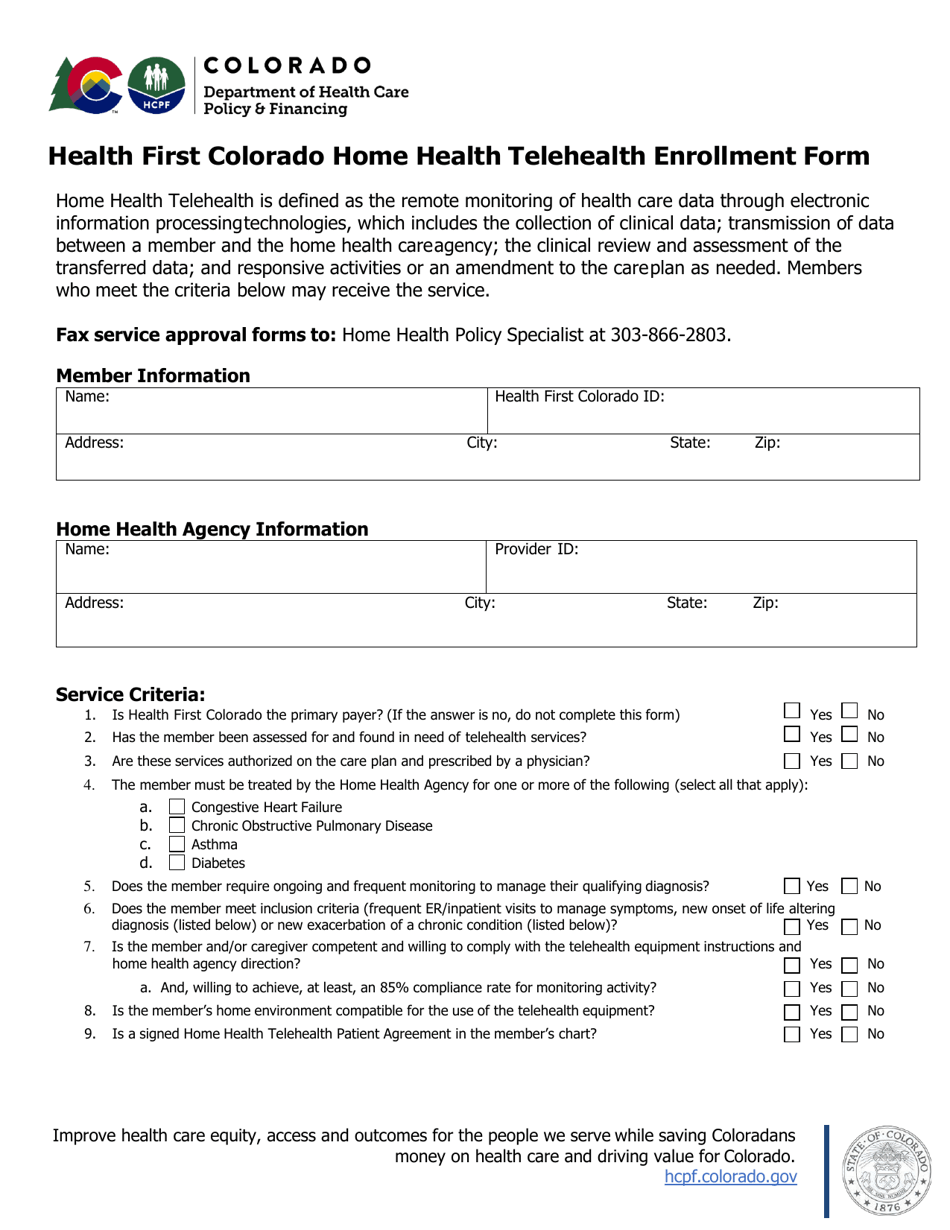 Colorado Health First Colorado Home Health Telehealth Enrollment Form