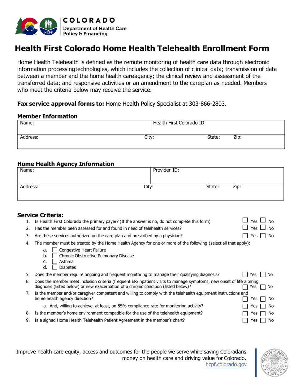 Health First Colorado Home Health Telehealth Enrollment Form - Colorado, Page 1