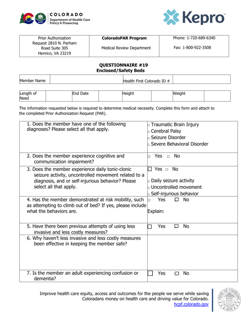 Questionnaire 19 - Enclosed / Safety Beds - Colorado Download Pdf