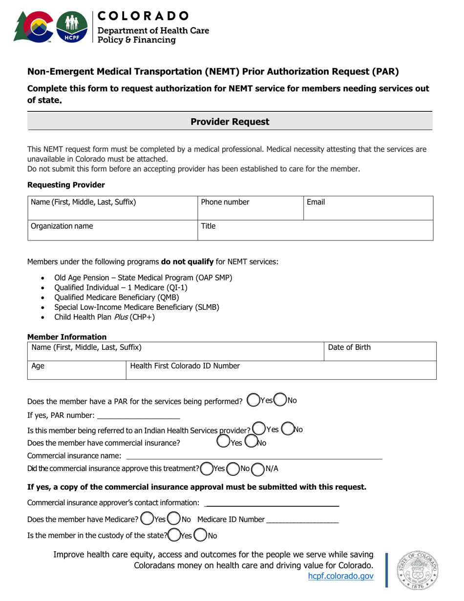 Colorado Non Emergent Medical Transportation Nemt Prior Authorization Request Par Fill Out 3560