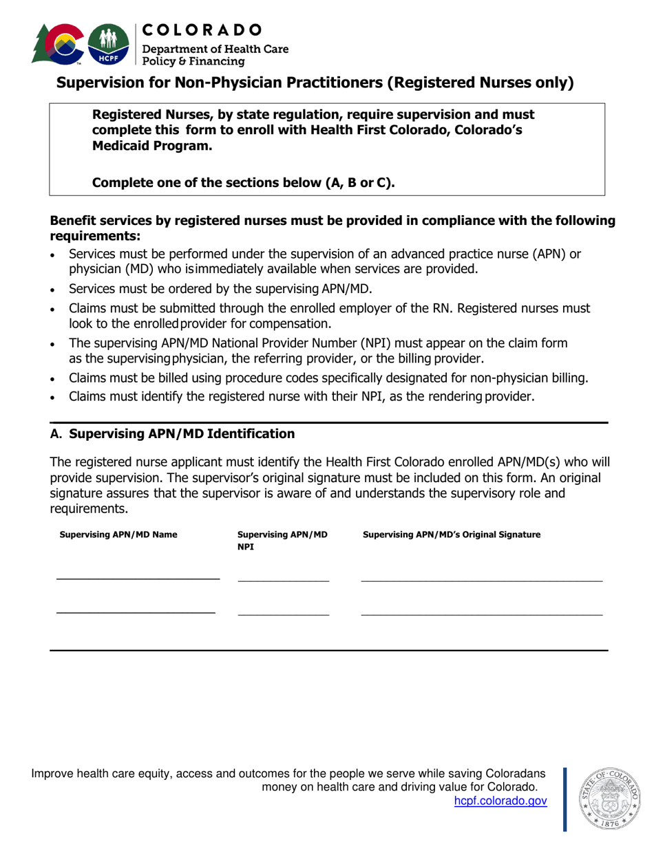 Supervision for Non-physician Practitioners (Registered Nurses Only) - Colorado, Page 1