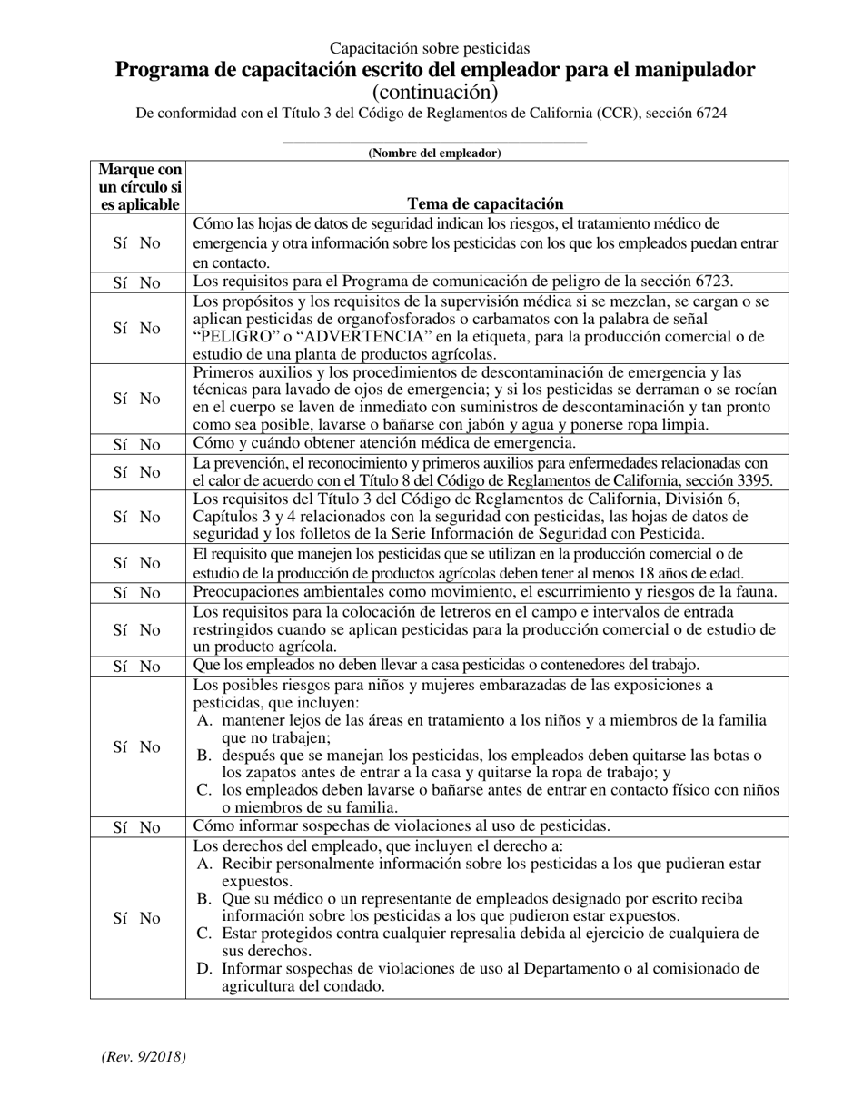 Programa De Capacitacion Escrito Del Empleador Para El Manipulador - California (Spanish), Page 3