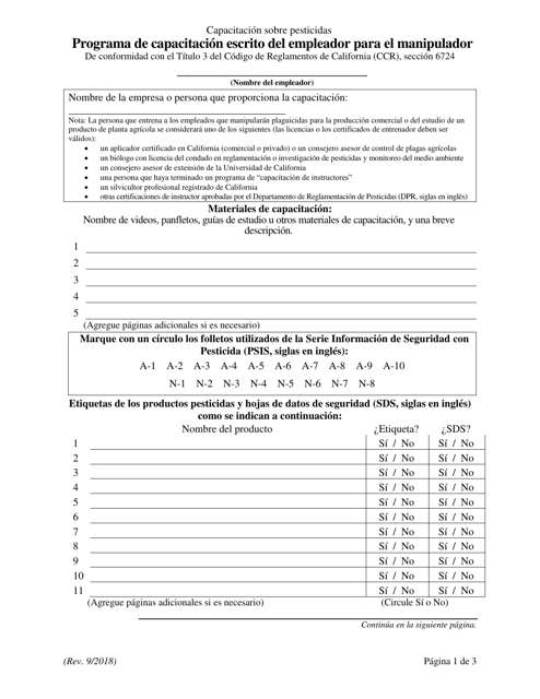 Programa De Capacitacion Escrito Del Empleador Para El Manipulador - California (Spanish) Download Pdf