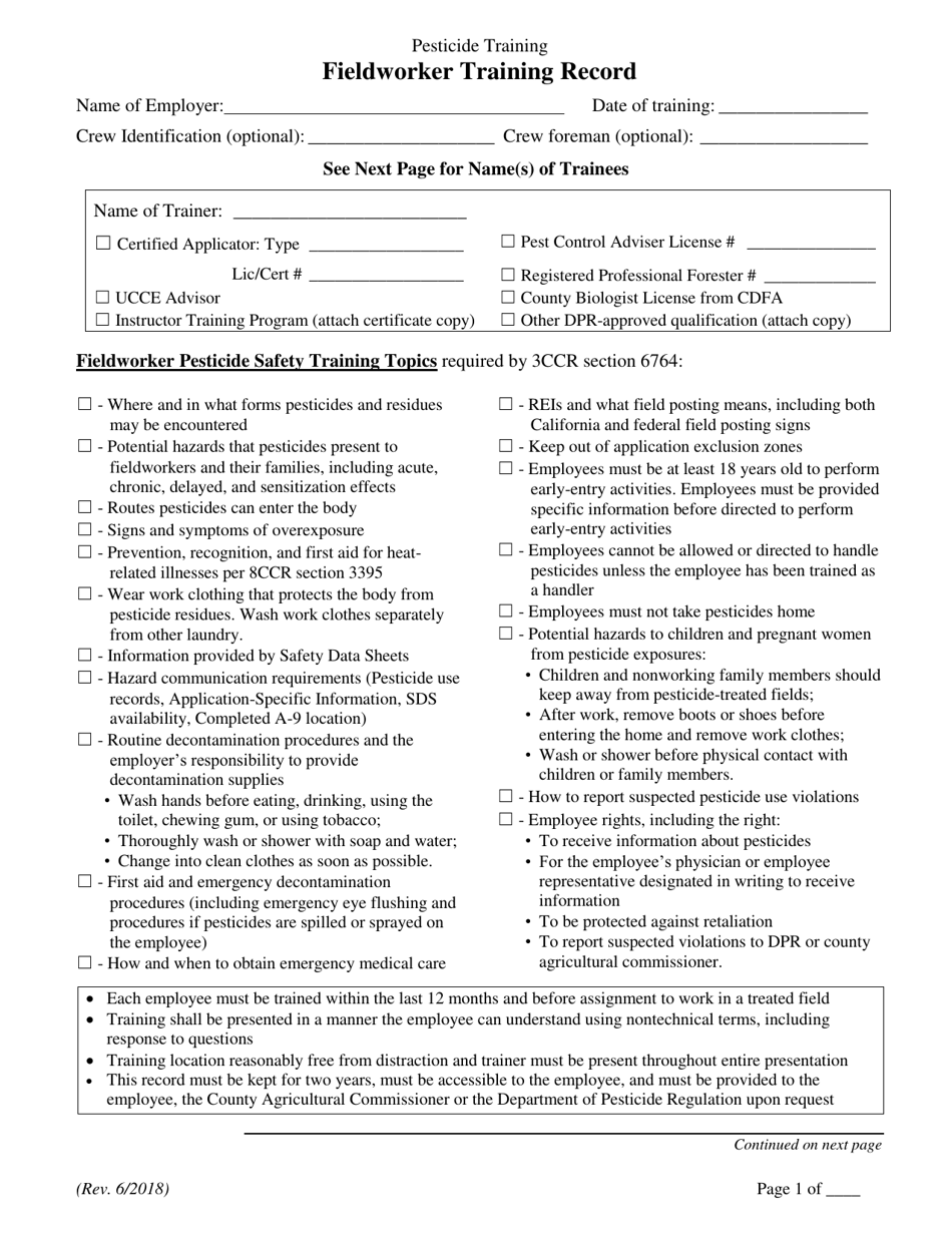 Fieldworker Training Record - California, Page 1