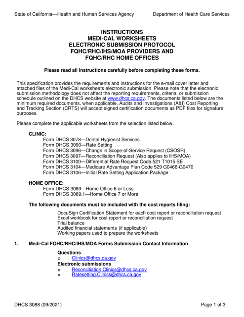 Form DHCS3088 Instructions - Medi-Cal Worksheets Electronic Submission Protocol Fqhc/Rhc/Ihs/Moa Providers and Fqhc/Rhc Home Offices - California