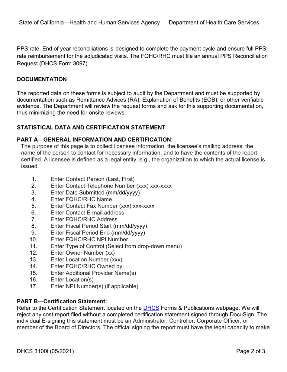 Instructions for Form DHCS3100 Federally Qualified Health Center (Fqhc) Rural Health Clinic (Rhc) Managed Care Differential Rate Request - California, Page 2