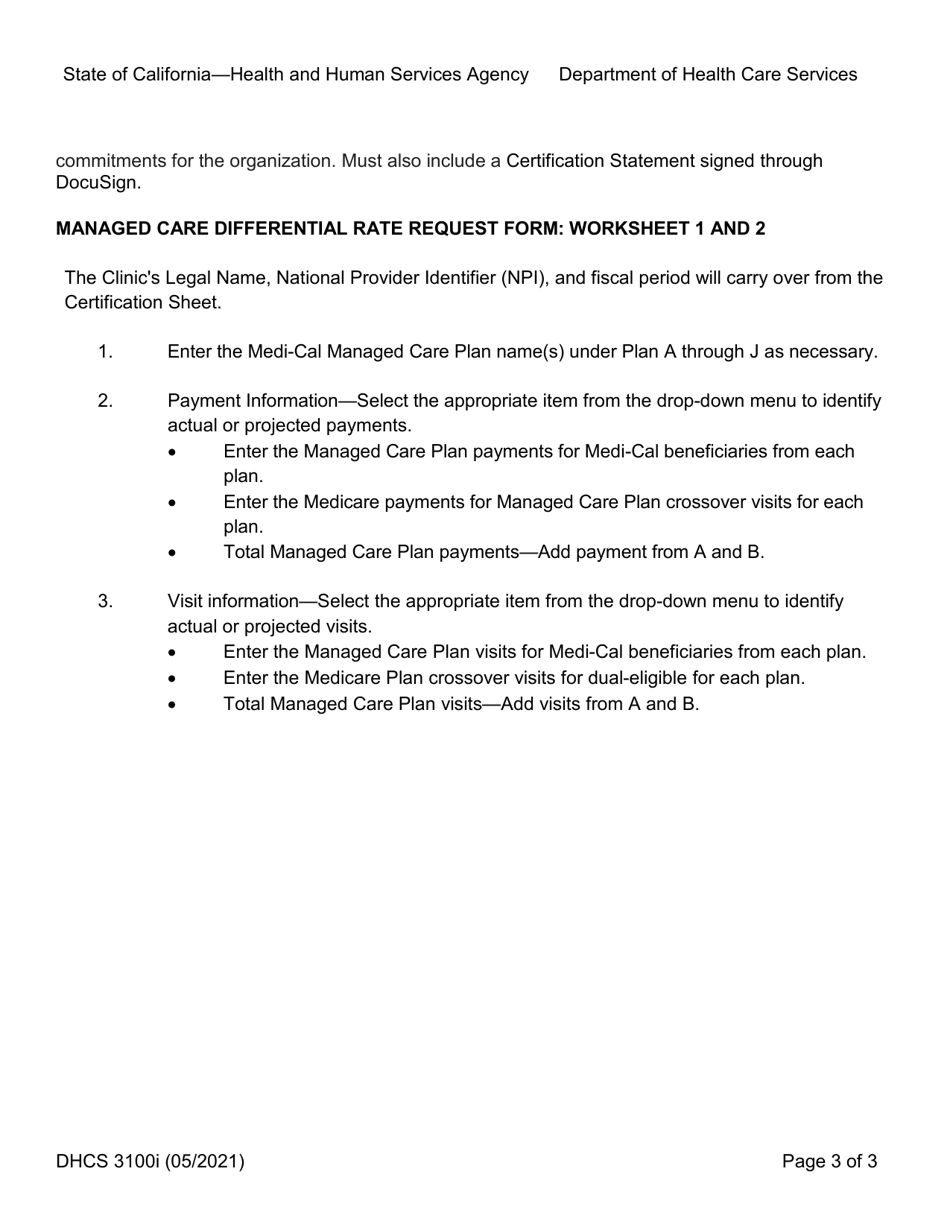 Instructions for Form DHCS3100 Federally Qualified Health Center (Fqhc) Rural Health Clinic (Rhc) Managed Care Differential Rate Request - California, Page 3