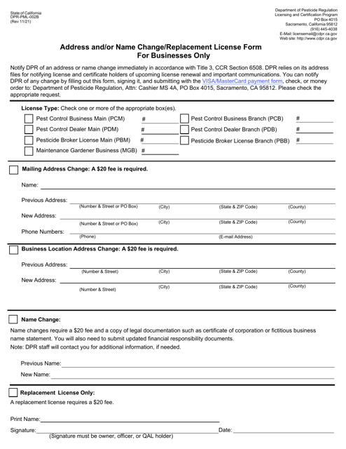 Form DPR-PML-002B Address and/or Name Change/Replacement License Form - California