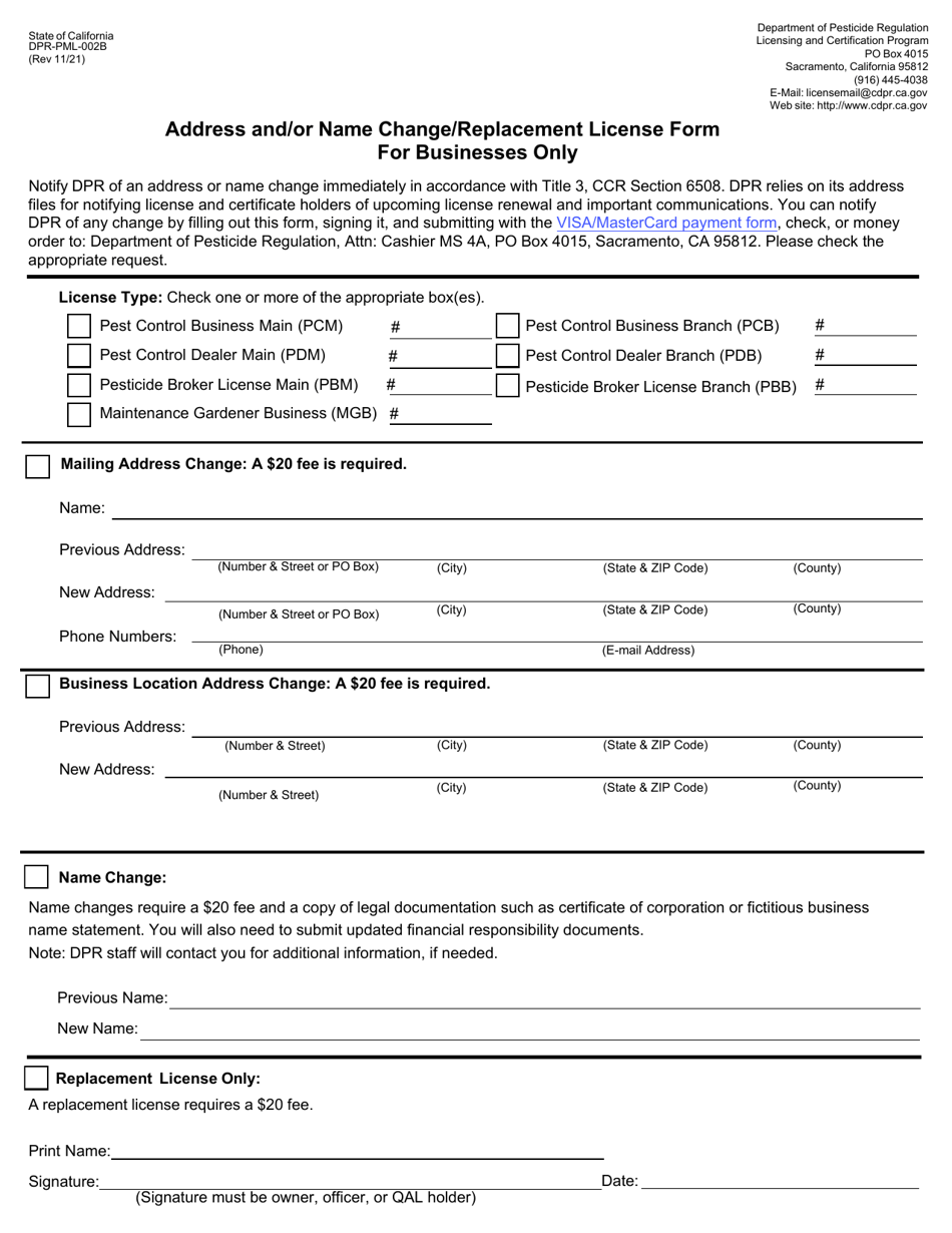 Form DPR-PML-002B Address and / or Name Change / Replacement License Form - California, Page 1